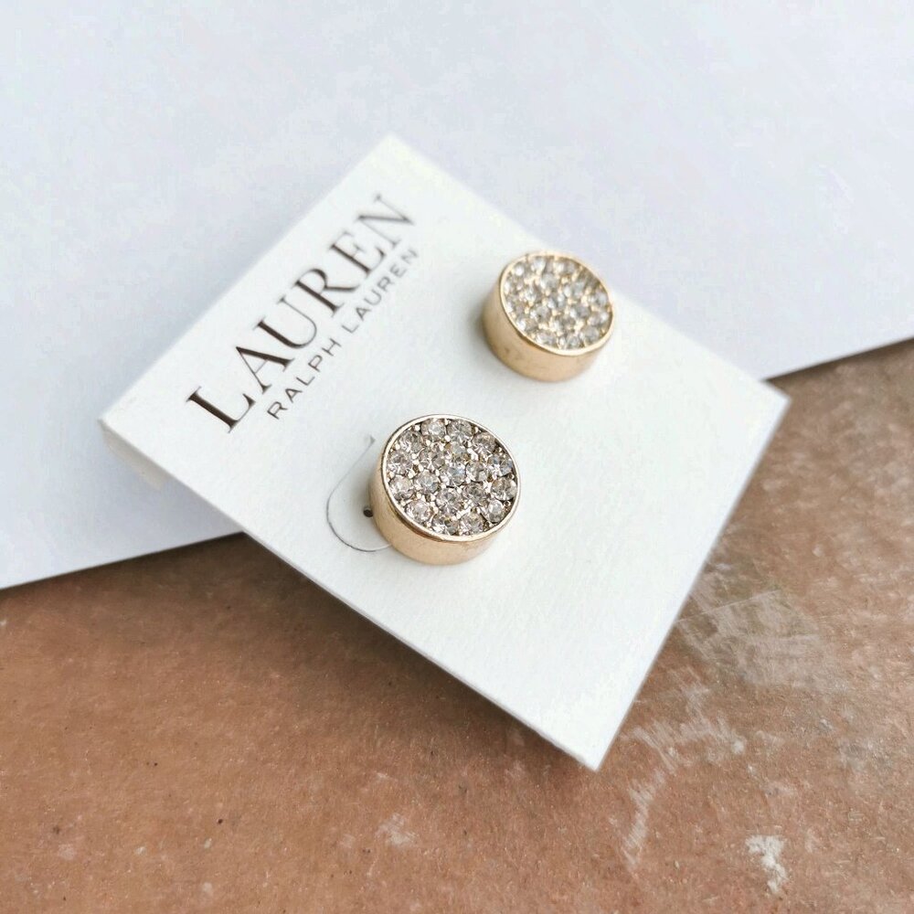 LAUREN Ralph Lauren Gold Crystal Stud Earrings Elegant Classic Jewelry - Picture 2 of 4